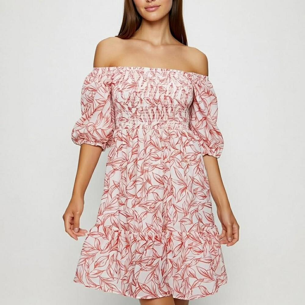 HYFVE, L, Coral Floral Print, Smocked Puff Sleeve Mini Dress